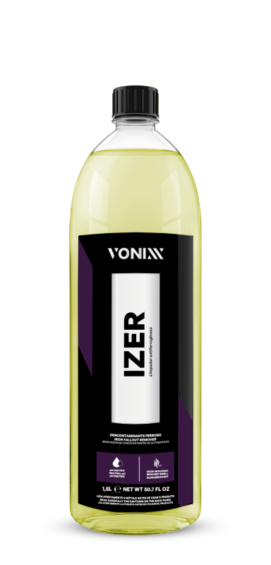 Descontaminante férrico pH neutro Izer 1,5L Vonixx para remoção de partículas metálicas, pó de travões e descontaminação automóvel profissional.
