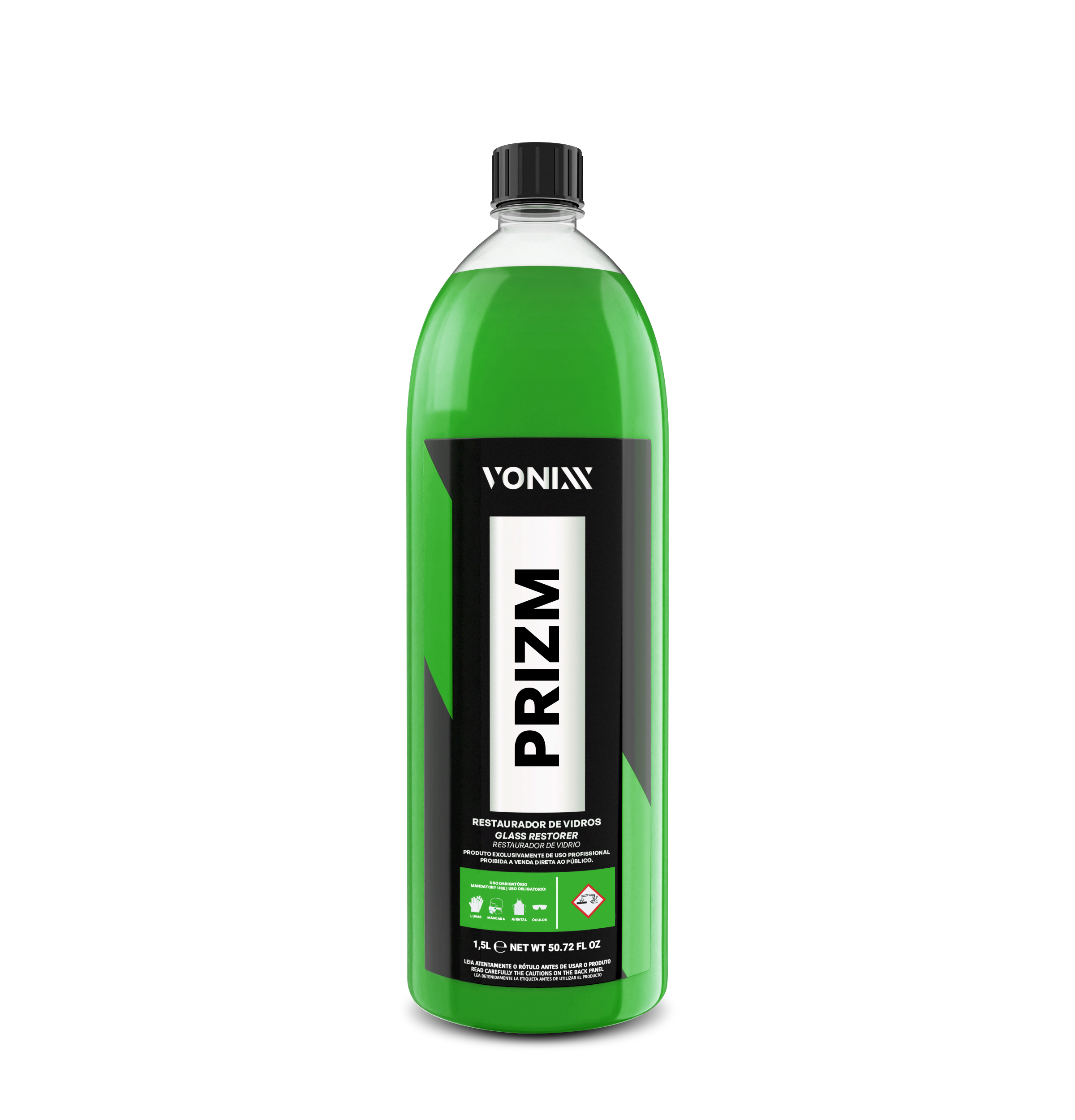 Prizm Vonixx 1,5L - Restaurador de Vidros Restaurador de vidros automóvel Prizm 1,5L Vonixx para remoção de marcas de água, chuva ácida e descontaminação profissional de vidros.