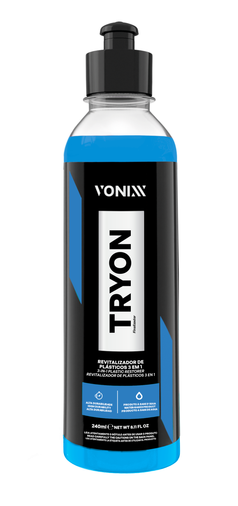 Restaurador de plásticos automóvel Tryon 240ML Vonixx com tecnologia SiO2 para revitalizar, proteger e restaurar plásticos e borrachas.