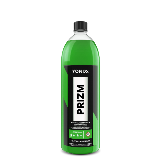 Restaurador de vidros automóvel Prizm 1,5L Vonixx para remoção de marcas de água, chuva ácida e descontaminação profissional de vidros.